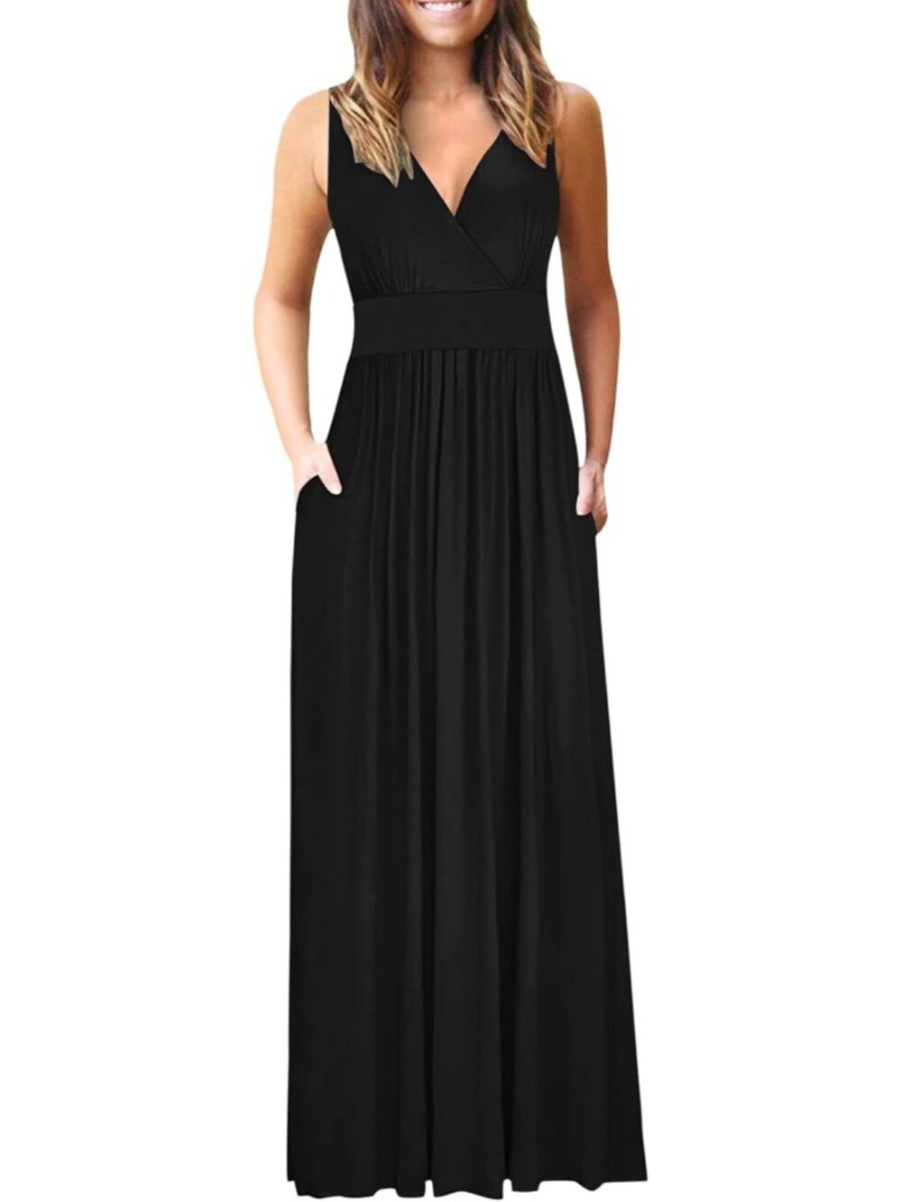 Women's Black Summer Dress Sleeveless Long Dress Loose Swing Maxi with Pockets